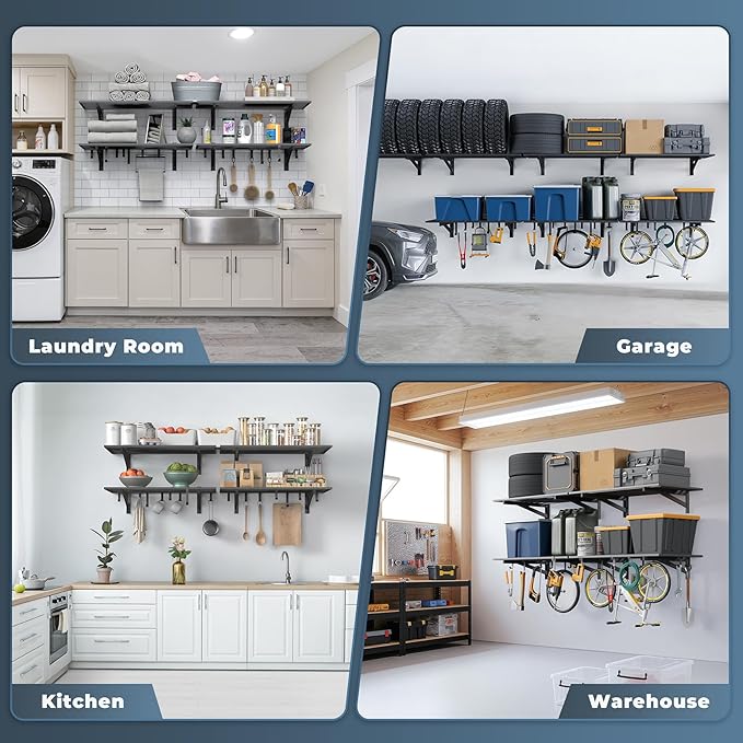 4-Pack 2x3ft Garage Shelving Wall Mounted, 2' x 3' Heavy Duty Garage Storage Shelves with Hooks, 1000LB Capacity