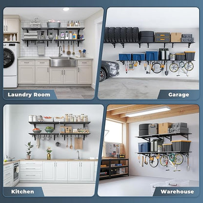 4-Pack 2x3ft Garage Shelving Wall Mounted, 2' x 3' Heavy Duty Garage Storage Shelves with Hooks, 1000LB Capacity