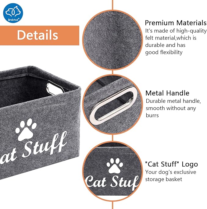 Felt Cat Toy Basket,Foldable Pet Toy Storage Bins with Handles, Pet Stuff Organizer for Indoor Cat,Kitten Toy Storage Bed for Organizing Cat Toys Treats Clothes and Accessories