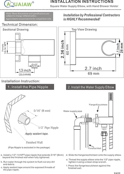 Aquaiaw Wall Supply Elbow with Flange, Tapered 1/2 NPT Female Inlet, Solid Brass Wall Union with Handshower Holder, Square Wall Supply Elbow with Hand Shower bracket, PVD Brushed Nickel, G1/2 Outlet