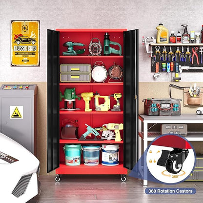 Metal Storage Cabinet with Wheels, Tall Garage Storage Cabinet with 4 Adjustable Shelves and 2 Doors, Lockable Tool Cabinet for Garage Home Office,Gym,School(Black-Red)