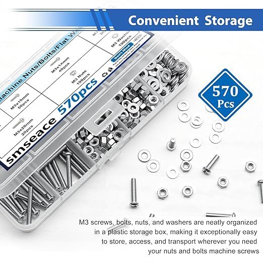 smseace 570Pcs M3 Screws Assortment Kit M3x6/10/14/16/20mm 5-Sizes Bolt Washer Assortment Kit for Machinery, Furniture, Automotive,DIY, 3D Printer, Motorcycle Repairs