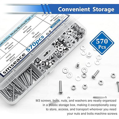 smseace 570Pcs M3 Screws Assortment Kit M3x6/10/14/16/20mm 5-Sizes Bolt Washer Assortment Kit for Machinery, Furniture, Automotive,DIY, 3D Printer, Motorcycle Repairs