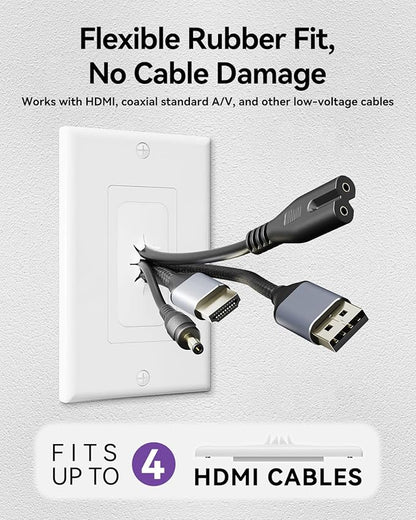 VCELINK Wall Plate Cable Pass Through, Single Gang Decorator Wall Plate Cover, Flexible Rubber Wall Grommets Insert for Low Voltage Cables, Wall Mount TV, Home Theater System, White (White-4 Pack)