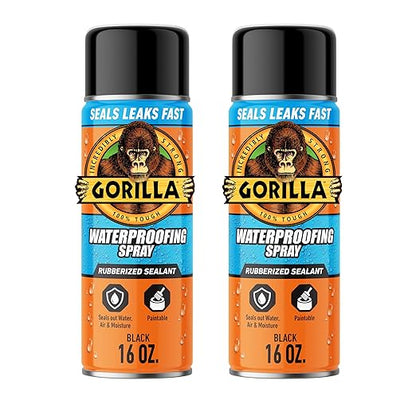 Gorilla Waterproof Patch & Seal Rubberized Sealant Spray, Black, 16 Ounce (Pack of 2) - Seals Out Water, Air, and Moisture