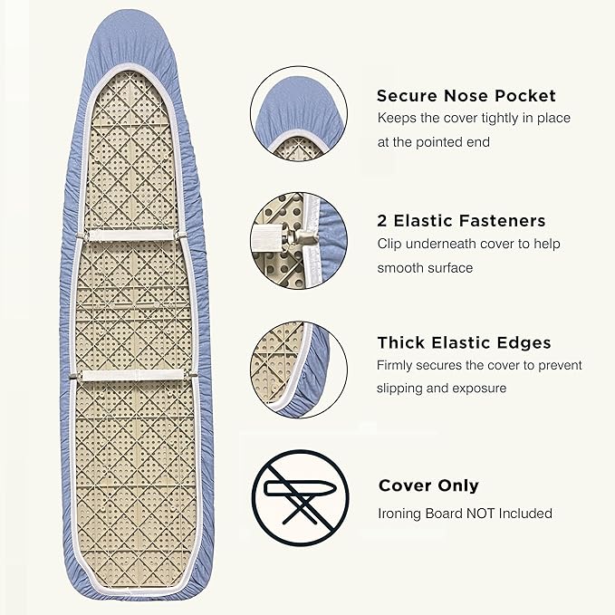 Ironing Board Cover and Pad 18"x54" Extra Thick Natural Cotton, Scorch and Stain Resistant Iron Board Cover, Extra Large Iron Board Cover with Fasteners Heavy Duty Heatproof Elastic Edge Blue