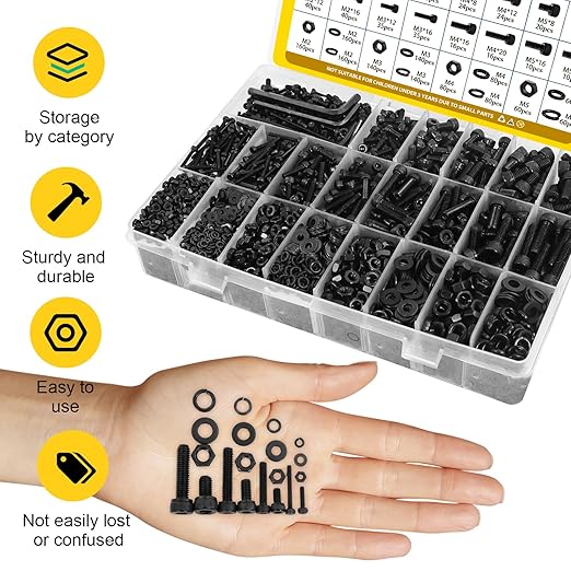 1760PCS Metric Screw Assortment Kit,M2 M3 M4 M5 Screws Set, Hex Socket Head Cap Bolts Nuts and Washers Kit for 3D Printing DIY, Grade 12.9 Alloy Steel, Black Zinc Plated