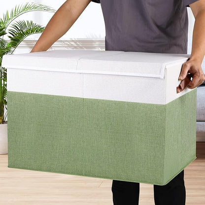 Large Toy Storage Box with Lid, Sturdy Toys Storage Chest Bin Organizer Basket with Dividers for Kids, Boys, Girls, Nursery, Closet, Bedroom, Playroom 26"x17" x17" (Green and White)