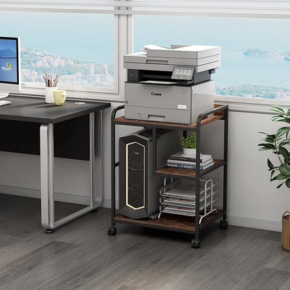 22 x 18 Inch Large Printer Stand, Mobile Printer Table with Wheels for Home Office Storage and Organization, PC Tower Stand, Host Computer Cart, Shelf for Desktop CPU Shredder - Rustic Brown