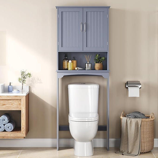 Yaheetech Over The Toilet Bathroom Cabinet with 2 Doors & Adjustable Shelf, Free Standing Toilet Rack Space-Saving, L24.5xW9xH66 Inches, Grey
