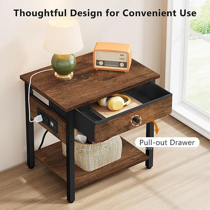 Printer Stand with Charging Station, 2-Tier Under Desk Printer Table, Side Table with Storage Shelves for Home Office, Living Room, Bedroom, Bathroom, Brown