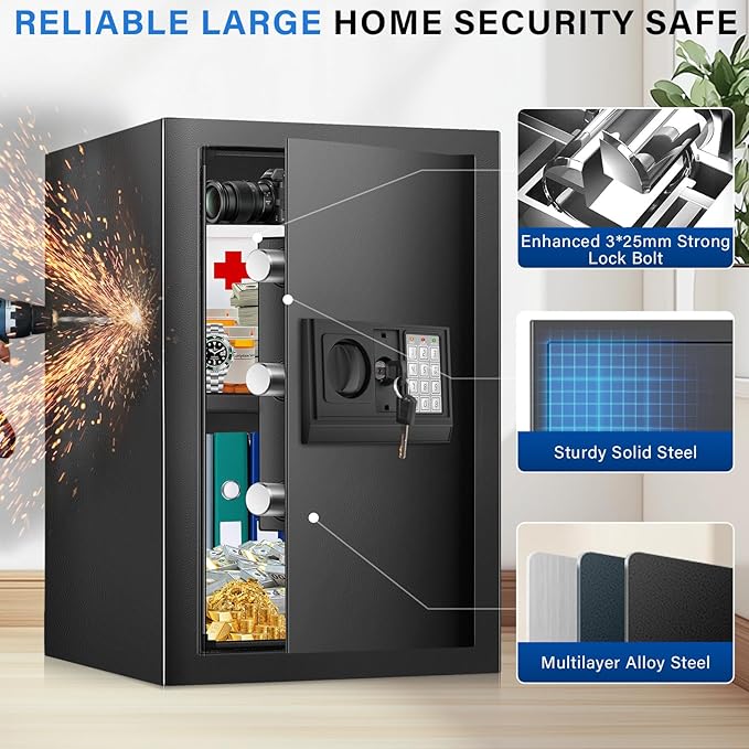 2.7 Cuft Safe Box, Home Safe with Fireproof Waterproof Bag, Anti-Theft Digital Security Lock Box with Smart Alert System, Removable Shelf, Mute Function, Personal Document Safes for Money Jewelry
