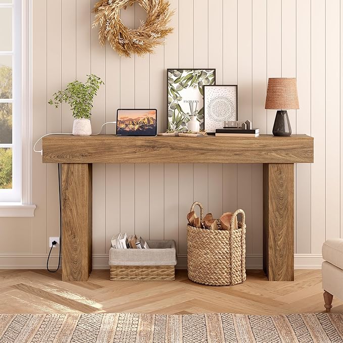 63" Long Console Table, Narrow Entryway Table with Charging Station and LED Lights, 2-Tier Farmhouse Behind Couch Table with Storage, for Entryway, Light Walnut and Black MXG04UJS