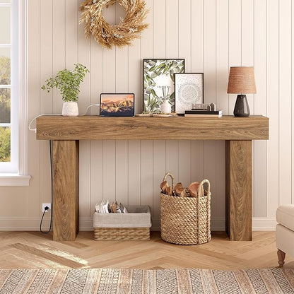 63" Long Console Table, Narrow Entryway Table with Charging Station and LED Lights, 2-Tier Farmhouse Behind Couch Table with Storage, for Entryway, Light Walnut and Black MXG04UJS