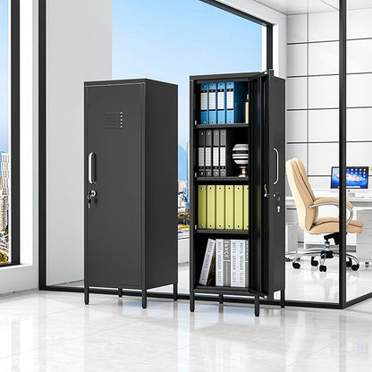 47.24" Metal Storage Locker with Lockable, Employees Metal Steel Locker with 1 Door ＆ 3 Adjustable Shelves, Small Locker Storage Cabinets for Home, School, Office, Gym (Black)