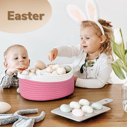 Goodpick Easter Basket with Handles for Kids, Small Basket for Organizing Diapers, Towels, Cute Decorative Baskets,Toy Storage Baskets, 12"x 8" x 5", Pink