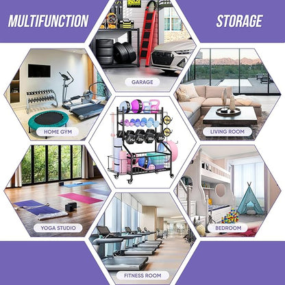 WUC Dumbbell Rack, Adjustable Weight Rack for Home Gym Storage, All-in-One Workout Storage Racks with Wheels and Hooks for Dumbbells, Kettlebells, Yoga Mats & Balls, Durable Powder Coated Steel, Black