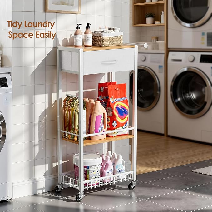 Lewondr Rolling Storage Cart with Drawers, 3-Tier Laundry Room Shelves, Sturdy Bathroom Organizer Shelf with Wood Top, Rolling Drawer Cart with Handle and Wheels for Kitchen, Office, Classroom, White
