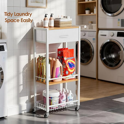 Lewondr Rolling Storage Cart with Drawers, 3-Tier Laundry Room Shelves, Sturdy Bathroom Organizer Shelf with Wood Top, Rolling Drawer Cart with Handle and Wheels for Kitchen, Office, Classroom, White