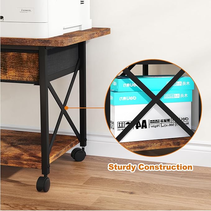 EasyCom 23.6" x 15.7" Under Desk Printer Stand with Storage Drawer, 2-Tier Shelf Desktop Printer Table for Desk with Wheels, Large Rolling Cart for Home Office Fits 3D Printer Scanner Rustic Brown