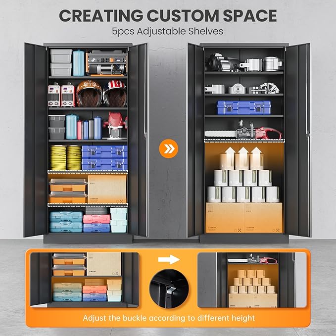 Metal Garage Storage Cabinets with Lock, 71" Tall Tool Cabinet with 2 Door and 5 Adjustable Shelves, Locking Garage Cabinets and Lockable Steel Locker for Home Office Warehouse - (Black-71”H)
