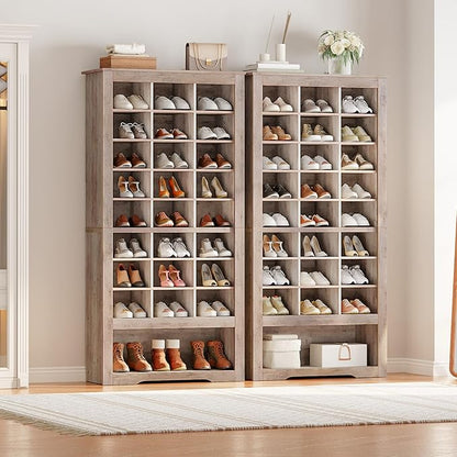 HOOBRO Tall Shoe Cabinet Set of 2, 9 Tier Shoe Storage Cabinet, Freestanding Wooden Shoe Organizer with 24 Cubbies and 3 Hooks, for Entryway, Closet, Living Room, Greige BG24SCP201