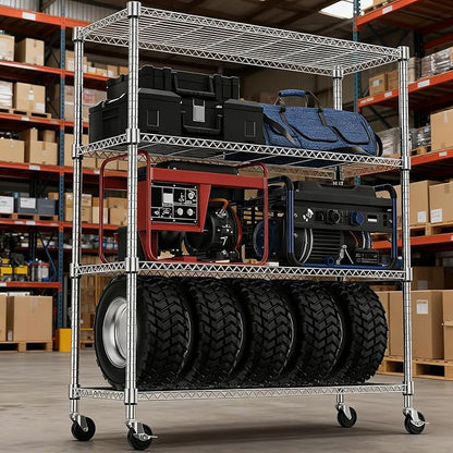 1400LBS 47.2" W 4 Tiers Storage Shelves Metal Shelving Unit with Wheels Heavy Duty Garage Shelving Adjustable Wire Shelves for Pantry,Kitchen,Garage,Basement,Chrome 17.7" D x 47.2" W x 62.6" H