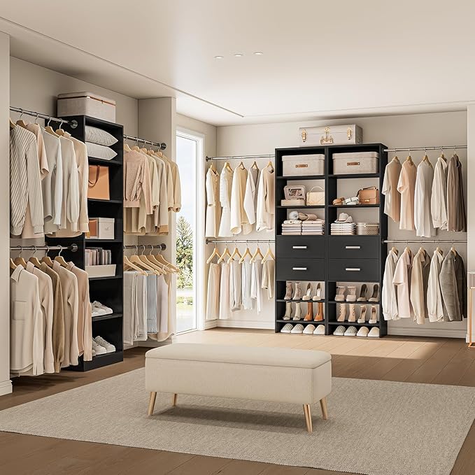 W2 Closet System with 2 Drawers, 3.5FT-7.7FT Closet Organizer System with 4 Chrome-Plated Telescopic Rods & 5 Adjustable Shelves, Custom Wood Walk-In Closet Clothing Rack, Black
