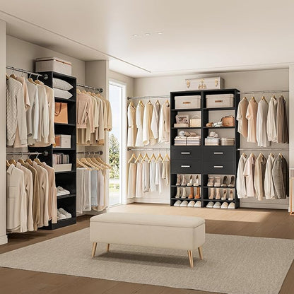W2 Closet System with 2 Drawers, 3.5FT-7.7FT Closet Organizer System with 4 Chrome-Plated Telescopic Rods & 5 Adjustable Shelves, Custom Wood Walk-In Closet Clothing Rack, Black