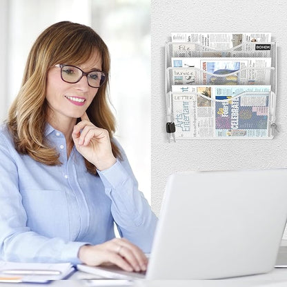 Wall File Organizer, 3 Tire Hanging File Folder Mail Organizer, Vertical Mesh Metal Door/Wall Mount Hanging File Organizer, Paper Document Magazine Rack with Hooks for Home Office White