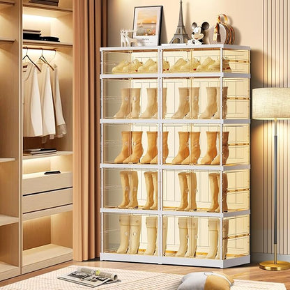 5-Tier Foldable Shoe Rack for Closet Entryway 10-20Pairs,Stackable Clear Shoe Storage Boxes Organizer with Door Plastic Shoe Cabinet Bins with Lids Shoes Shelf Easy Assembly Large