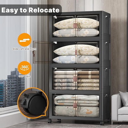 Extra Large Stackable Storage Bins with Lids & Wheels & Door,Foldable Collapsible Closet Organizers, Plastic containers drawers for bedroom Dorm (Dark-160qt, 4Pack with 1 top lid)