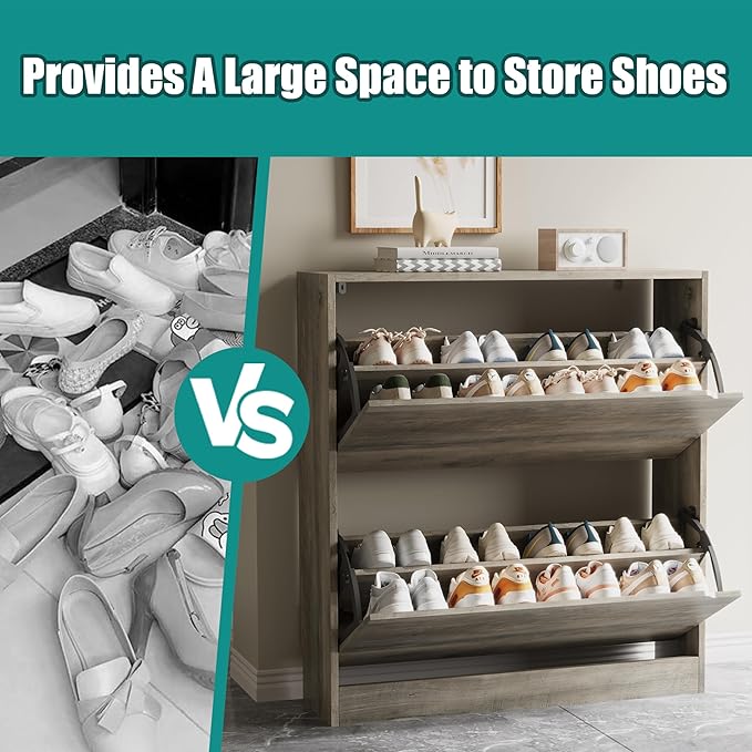 Shoe Storage Cabinet for Entryway with 2 Flip Drawers, Sturdy Wood Hidden Shoe Storage, Freestanding Narrow Slim Shoe Organizer for Front Door Entrance, Living Room, Hallway, Bedroom, Grey