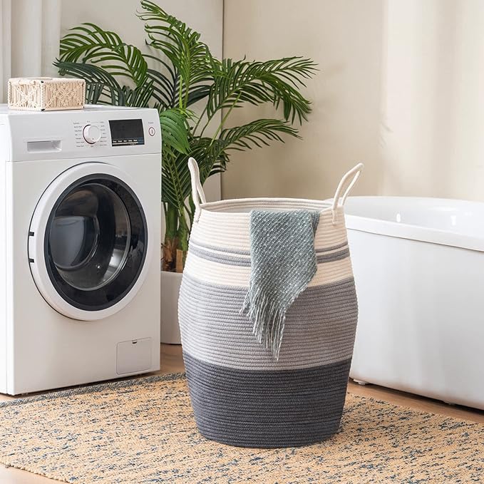 Cotton Rope Laundry Hamper by YOUDENOVA, 105L - Woven Collapsible Laundry Basket - Clothes Storage Basket for Blankets organizing, Bedroom Storage, Clothes Hamper – Grey