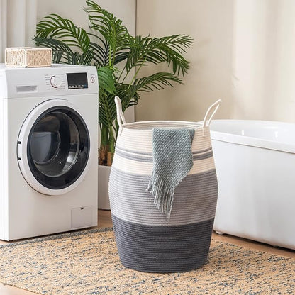 Cotton Rope Laundry Hamper by YOUDENOVA, 105L - Woven Collapsible Laundry Basket - Clothes Storage Basket for Blankets organizing, Bedroom Storage, Clothes Hamper – Grey