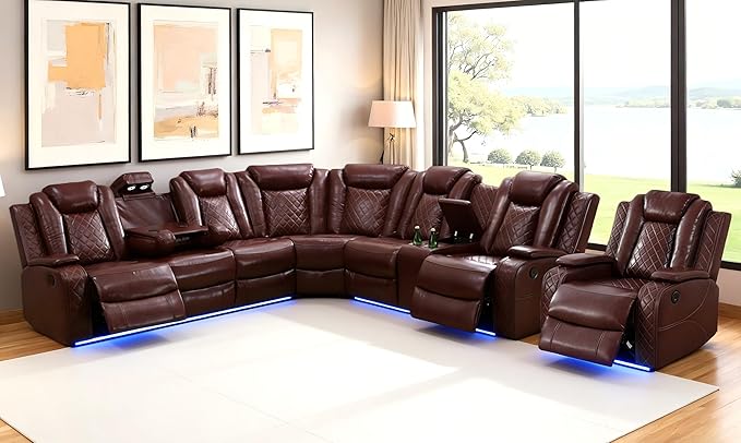 Leather Power Reclining Sectional Sofa, Recliner Sectional Sofa with Chair, Brown Recliner Couch Sets for Living Room, LED, Read Lights, USB Charging, Cup Holders, Storage for Home/Office