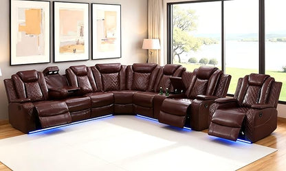 Leather Power Reclining Sectional Sofa, Recliner Sectional Sofa with Chair, Brown Recliner Couch Sets for Living Room, LED, Read Lights, USB Charging, Cup Holders, Storage for Home/Office