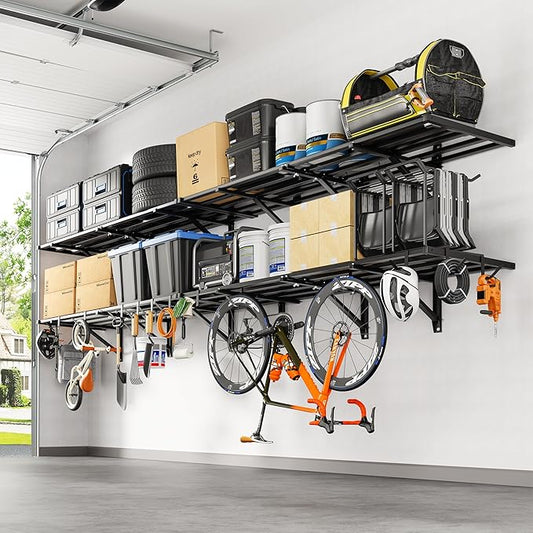 FLEXIMOUNTS 4-Pack 2x6ft Heavy Duty Garage Wall Shelving, 1200lbs Capacity, Garage Shelving Wall Mounted with 8 Hooks, Storage for Power Tools, Garden Supplies, Storage Bins, Lite Series