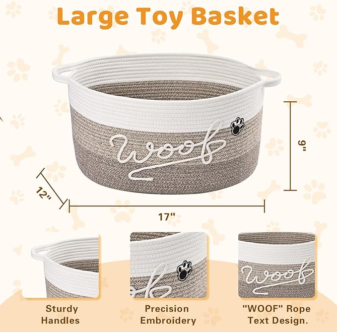 Woof Dog Toy Basket with Handles, Large Dog Toy Storage Bin with Paw Print, Woven Dog Basket for Blankets, Toys, Chews, Pet Toy Box for Nursery, Living Room, Bedroom, 17”x12”x9, Brown