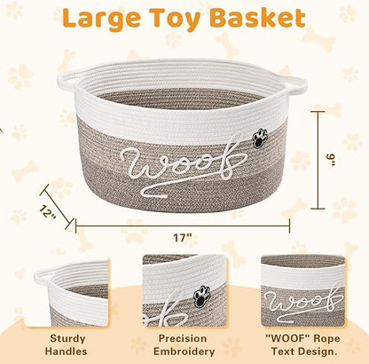 Woof Dog Toy Basket with Handles, Large Dog Toy Storage Bin with Paw Print, Woven Dog Basket for Blankets, Toys, Chews, Pet Toy Box for Nursery, Living Room, Bedroom, 17”x12”x9, Brown
