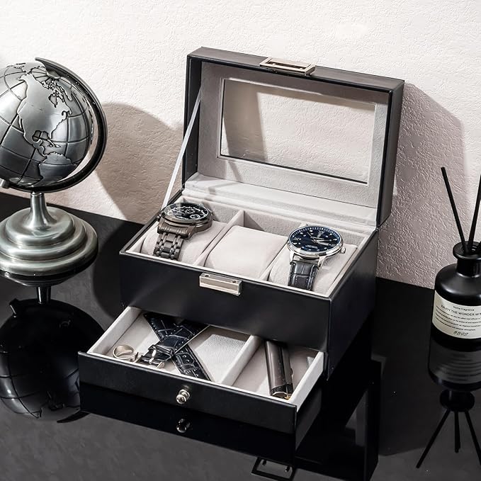 ProCase Watch Box, 3 Slot Watches Display Case with Drawer, Mens Watch Case with Glass Lid, 2-Layer Mens Jewelry Organizer Storage Holder, Birthday Valentine Gifts for Men-3 Slot, Black
