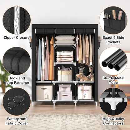 VTRIN Portable Closet, Large Capacity Portable Wardrobe with 2 Hanging Rods and 8 Storage Shelves, Sturdy Free Standing Closet Wardrobe for Hanging Clothes with Side Pockets, Black