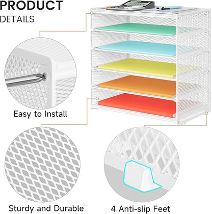 2 Pack 6 Tier Paper Organizer, Metal Mesh Desk File Folder, Letter Tray Organizer, Paper Sorter Desk Organizers for Office, Home or School File Folder Holder - White
