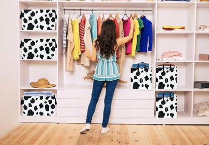 KUNRO Rectangle Storage Basket Gift Shelf Basket Storage Bin, Nursery Basket Organizer Box for With Handles for Room Deco (Cow pattern)