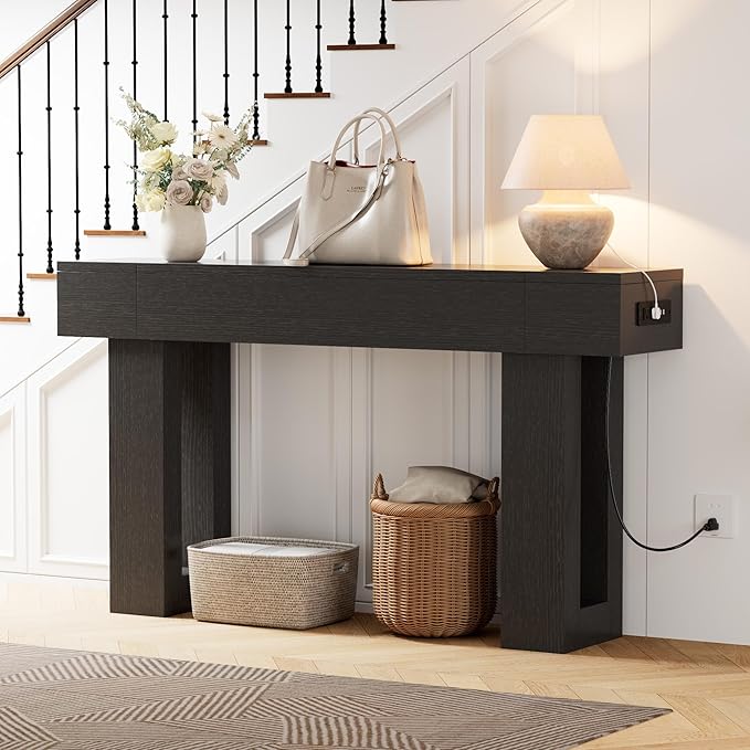 63 Inch Long Console Table w/Outlets & USB Ports, Narrow Rectangular Sofa Table Behind The Couch, Farmhouse Entryway Table for Entrance, Hallway, Living Room(Black with Outlet)