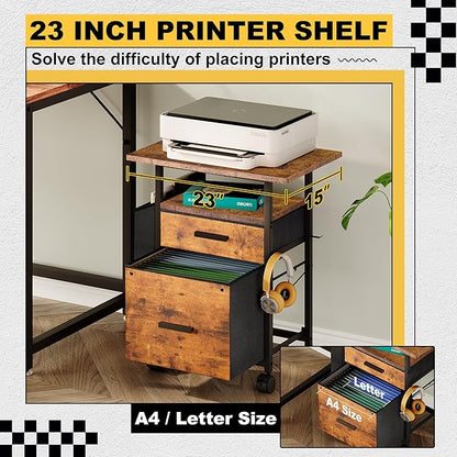 File Cabinet Printer Stand, Fabric Mobile Filing Cabinet with 2 Storage Drawers, for Hanging A4, Letter Size File Folders, Open Shelf with Storage Bag and Hooks Home Office, Rustic Brown