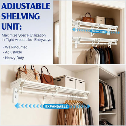 Closet Shelf with Hanging Rod, 40-73'' Expandable Wall Mounted & Side Wall Mounted Steel Clothes Rack with Top Shelf, Holds 220 lb Heavy Duty Closet Rod DIY Divider Separtor for Cabinet Wardrobe