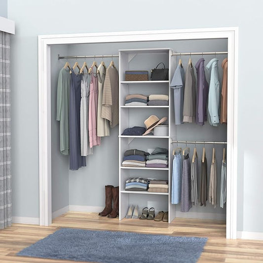 ClosetMaid SuiteSymphony Wood Closet Organizer Starter Kit with Tower and 3 Hang Rods, Shelves, Adjustable, Fits Spaces 5 – 10 ft. Wide, Pure White