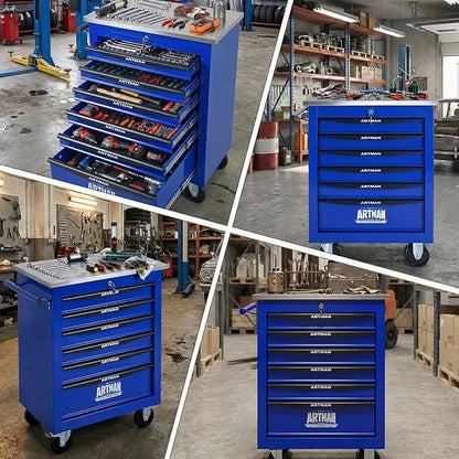 6-Drawer Rolling Tool Chest with Stainless Steel Countertop,Tool Chest with Secure Locking System,Mobile Storage Tool Cabinet with 360°Wheels and Padded Feet,for Home,Garage (Blue)