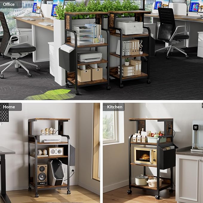 Tall Printer Stand with Storage Adjustable Shelf and Bag, 4-Tier Large Printer Table with Charging Station for Home Office, Printers Cart with Wheels for 3D Shredder Scanner Fax (Retro Brown)